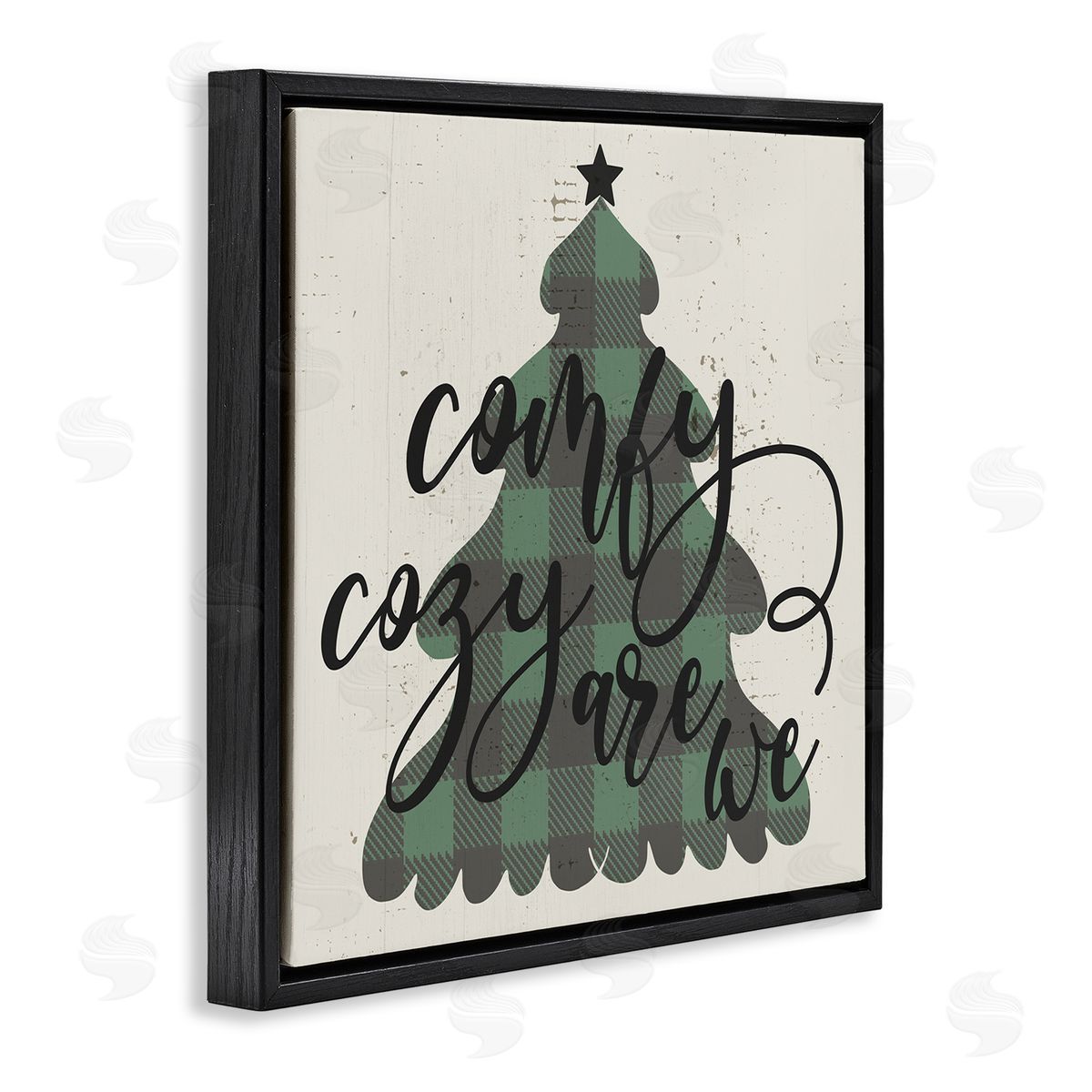 Stupell Studio Comfy Cozy Are We Quote Plaid Christmas Tree Black Floating Frame Canvas Wall Art Print