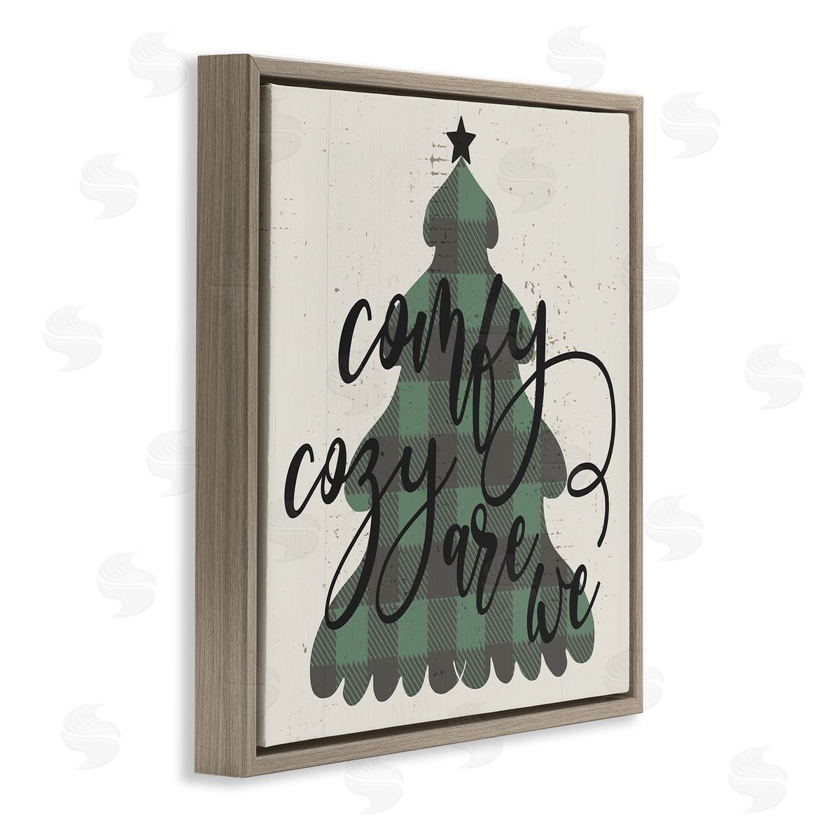 Stupell Studio Comfy Cozy Are We Quote Plaid Christmas Tree Brown Floating Frame Canvas Wall Art Print
