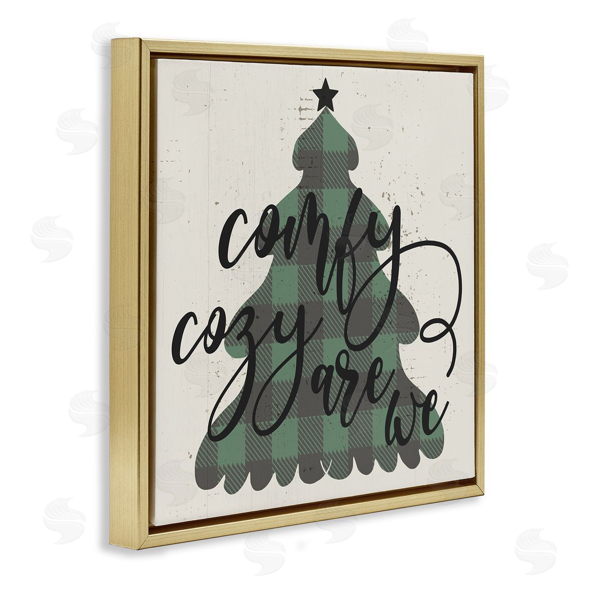 Stupell Studio Comfy Cozy Are We Quote Plaid Christmas Tree Gold Floating Frame Canvas Wall Art Print