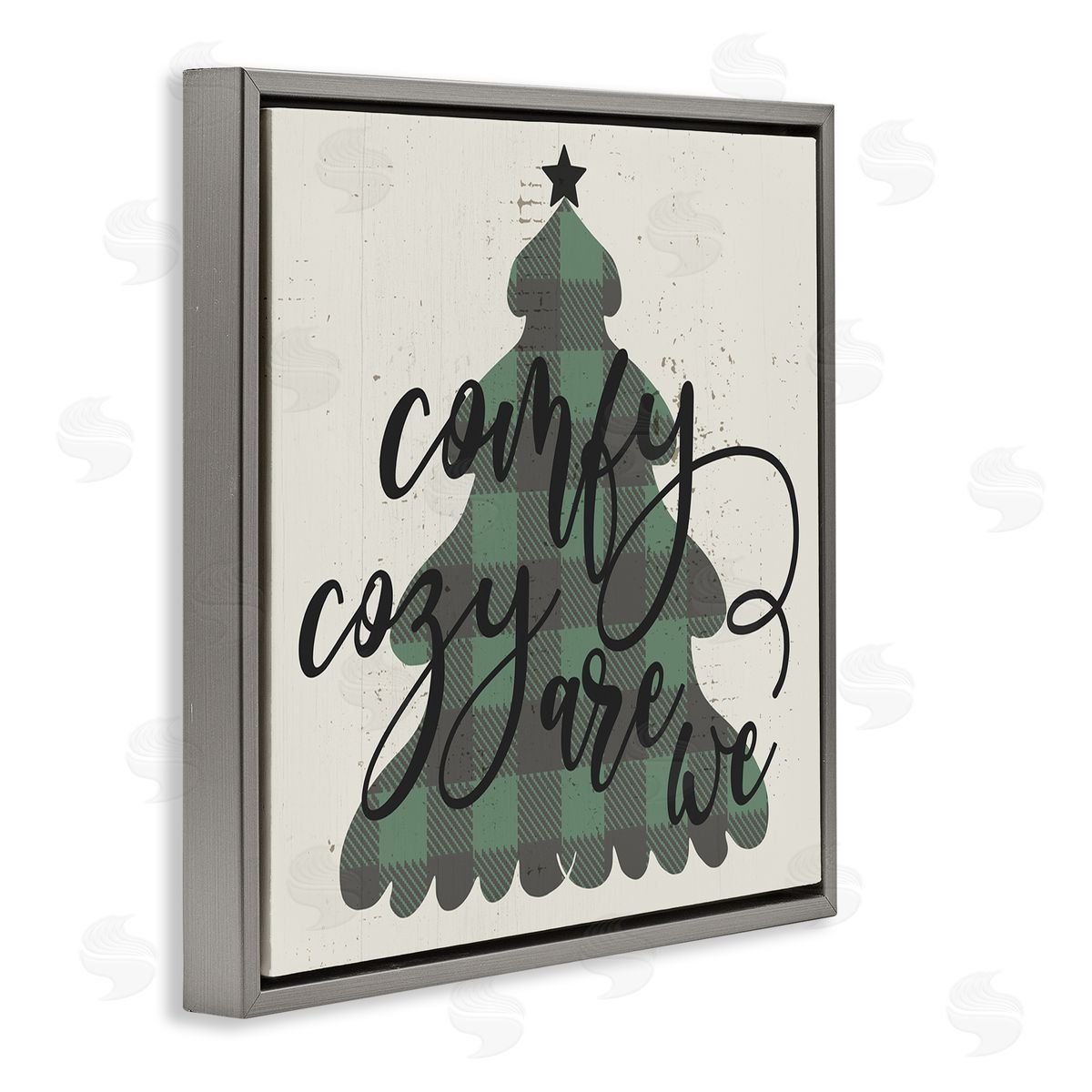 Stupell Studio Comfy Cozy Are We Quote Plaid Christmas Tree Gray Floating Frame Canvas Wall Art Print