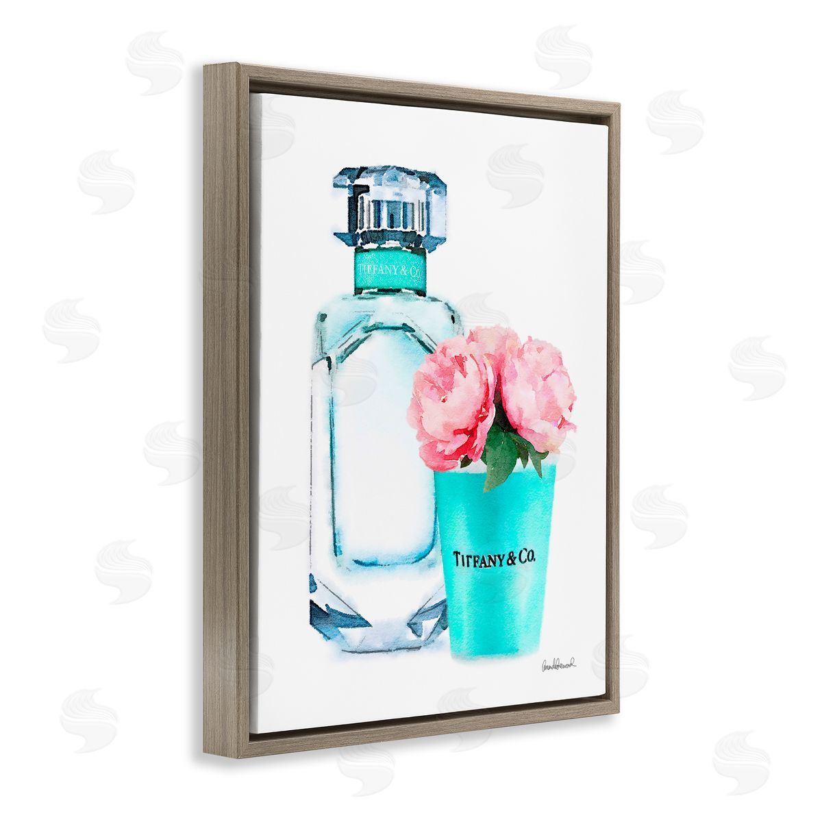 Teal Perfume Bottle and Peonies Brown Floating Frame Canvas Wall Art, Home Decor by Amanda Greenwood