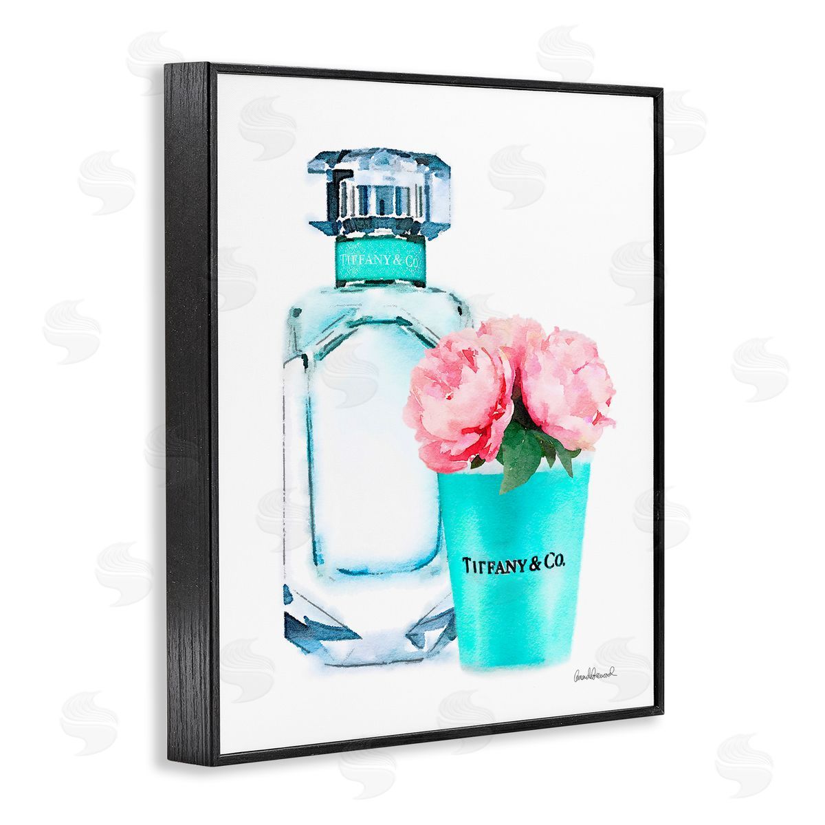 Teal Perfume Bottle and Peonies Black Frame Print Wall Art, Home Decor by Amanda Greenwood
