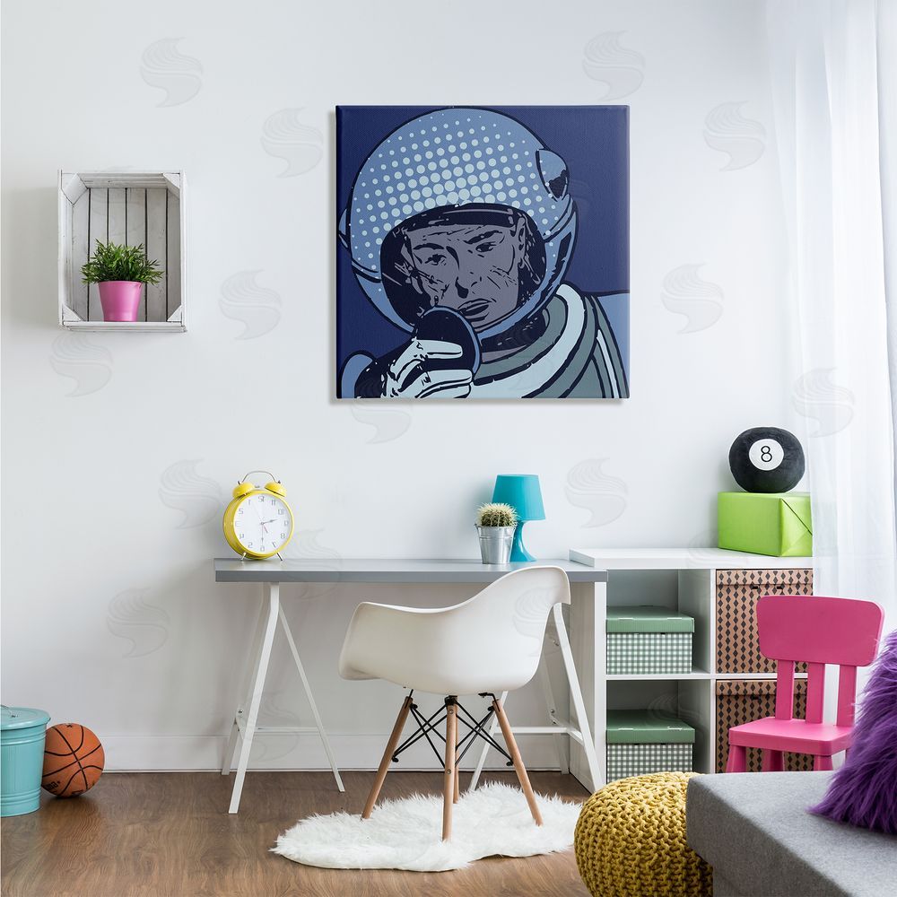 Stupell Studio Vintage Astronaut Portrait Retro Blue Pop Space Helmet Canvas Wall Art in Room