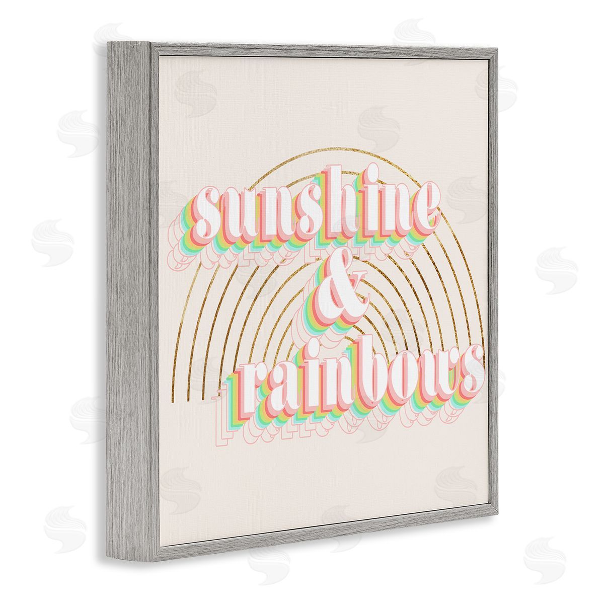 Stupell Studio Sunshine and Rainbows Retro Typography Pop Round Arches Gray Framed Glicee Wall Art Print