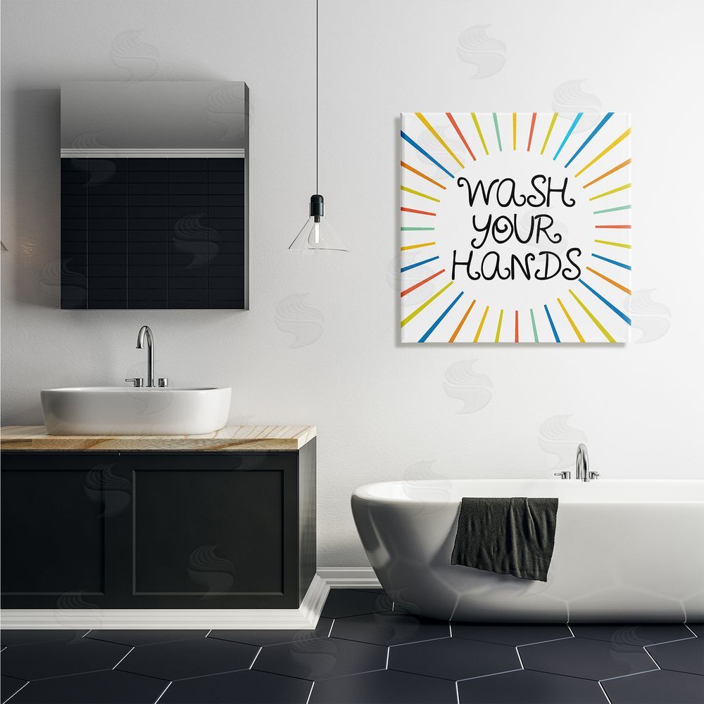 Stupell Studio Kids' Wash Your Hands Bathroom Rules Rainbow Stripes Canvas Wall Art in Room