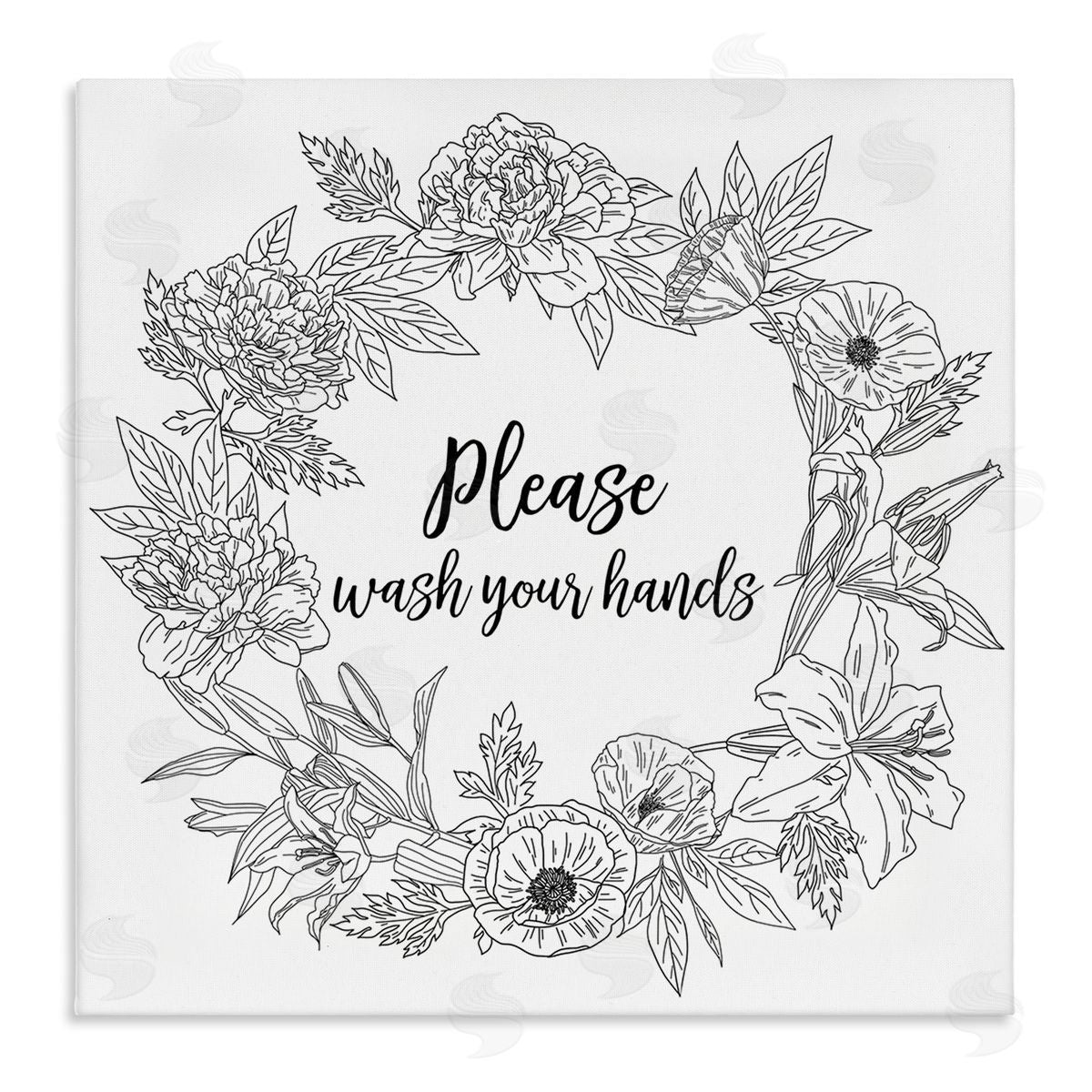 Ziwei Li Please Wash Your Hands Sign Floral Wreath Linework Stretched Canvas Wall Art Print