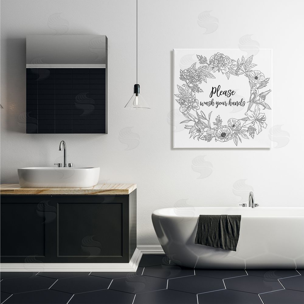 Ziwei Li Please Wash Your Hands Sign Floral Wreath Linework Canvas Wall Art in Room