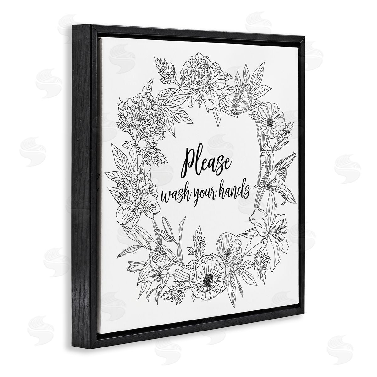 Ziwei Li Please Wash Your Hands Sign Floral Wreath Linework Black Floating Frame Canvas Wall Art Print