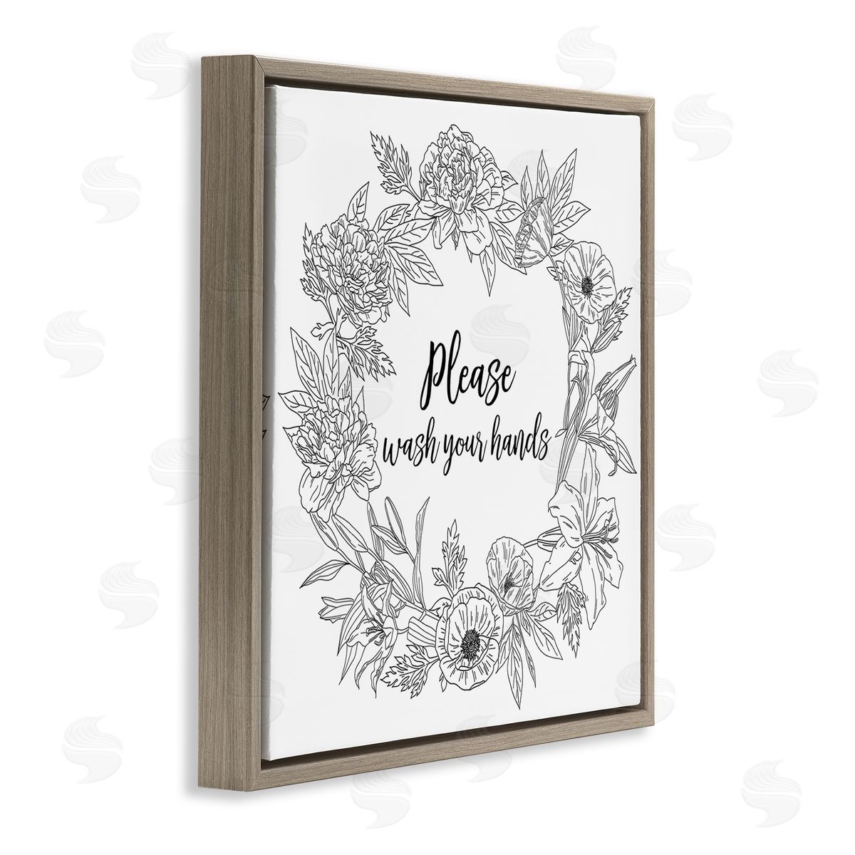 Ziwei Li Please Wash Your Hands Sign Floral Wreath Linework Brown Floating Frame Canvas Wall Art Print