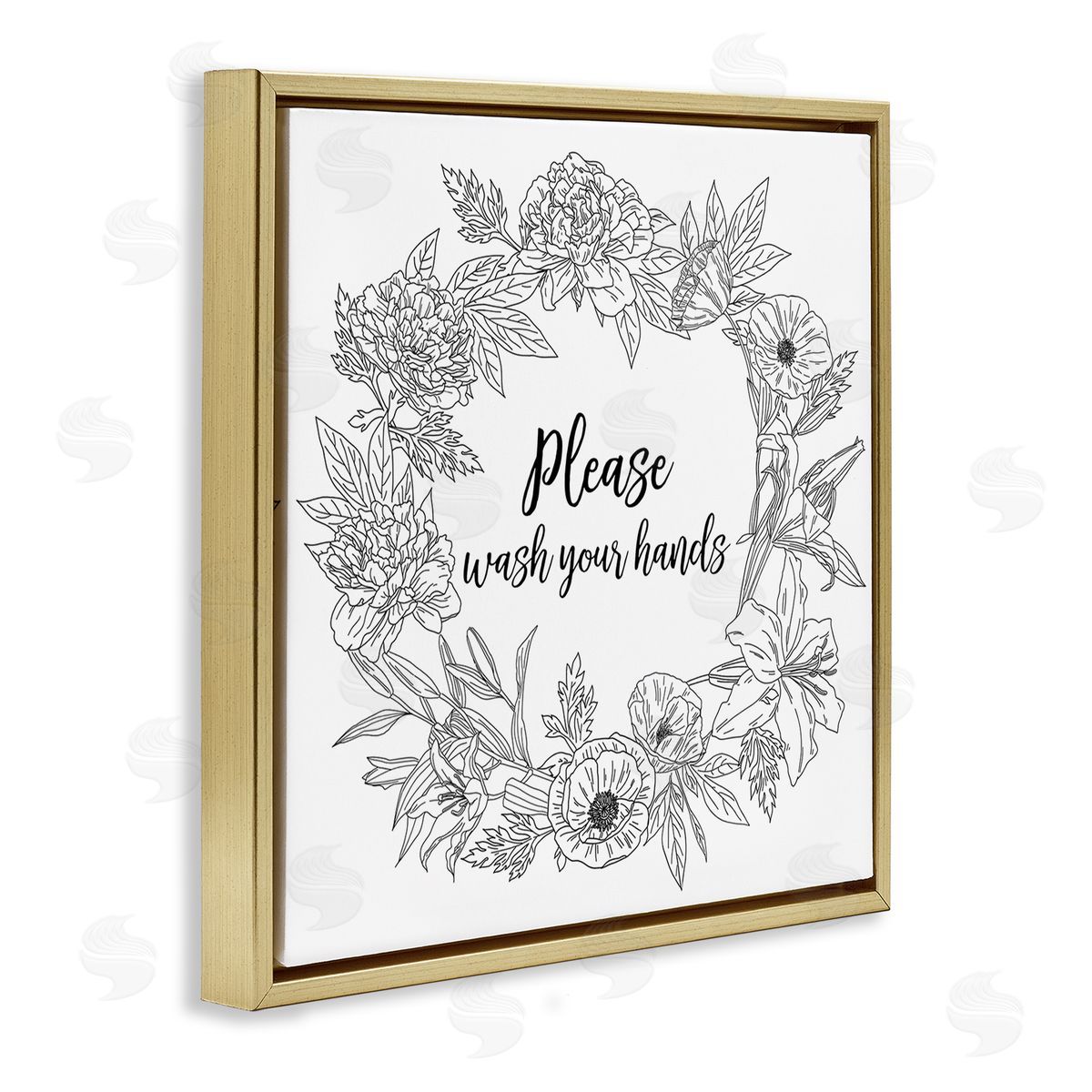 Ziwei Li Please Wash Your Hands Sign Floral Wreath Linework Gold Floating Frame Canvas Wall Art Print
