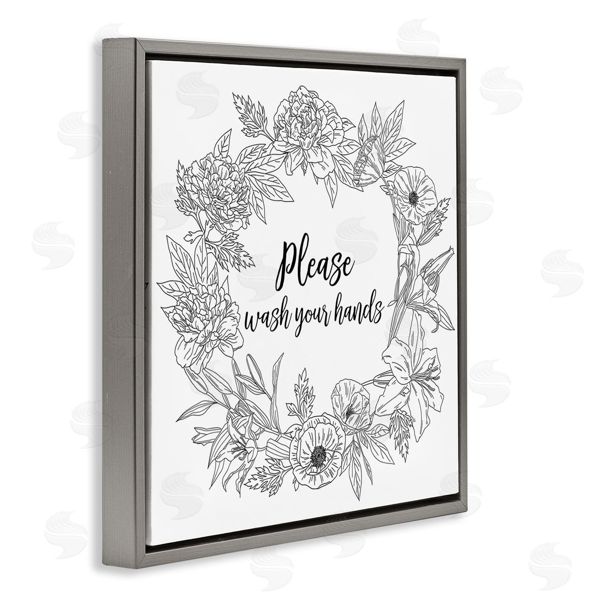 Ziwei Li Please Wash Your Hands Sign Floral Wreath Linework Gray Floating Frame Canvas Wall Art Print