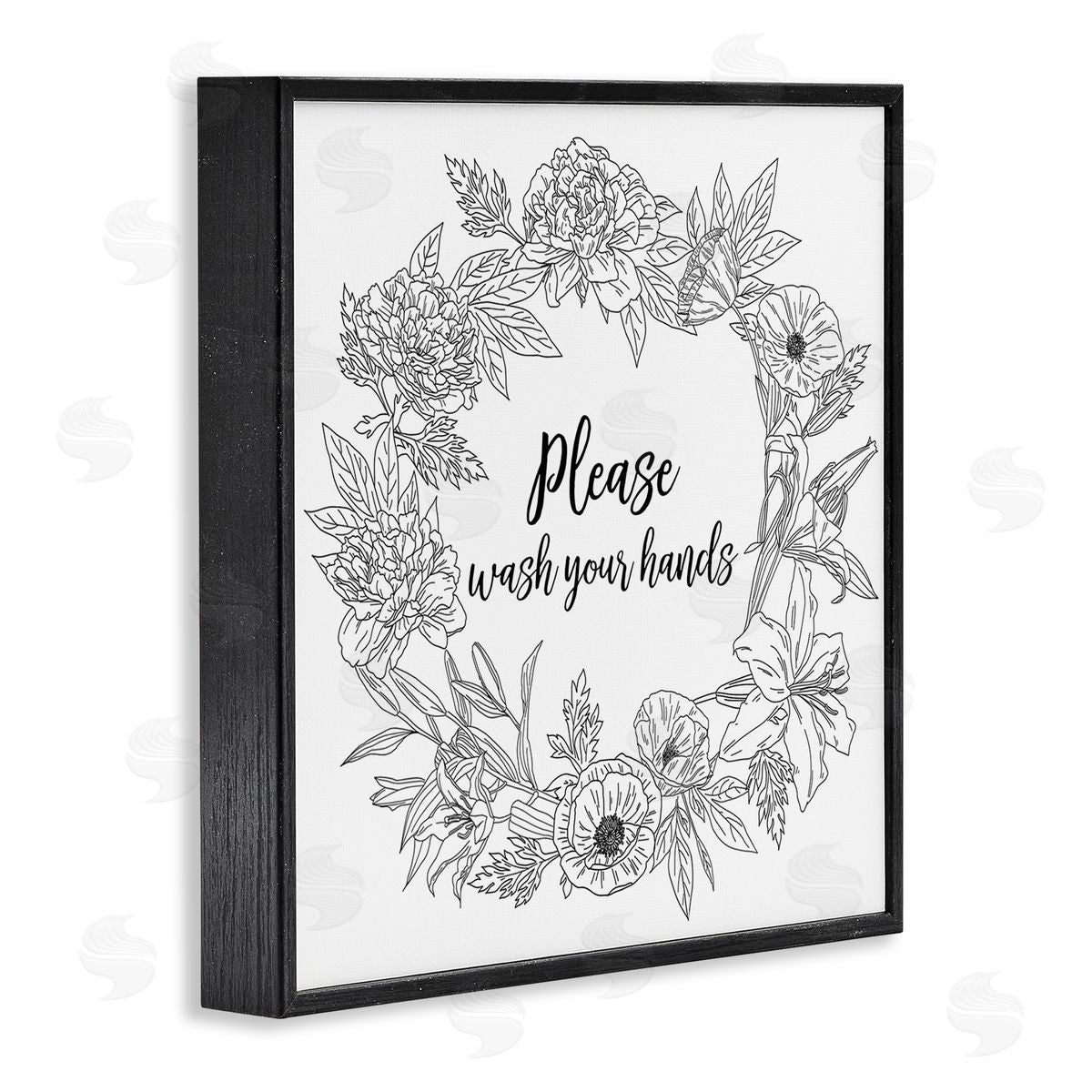 Ziwei Li Please Wash Your Hands Sign Floral Wreath Linework Black Framed Glicee Wall Art Print