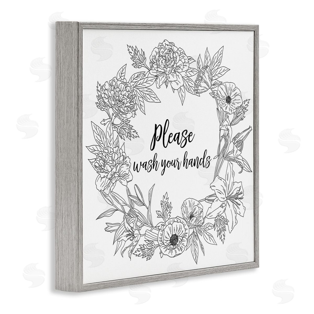 Ziwei Li Please Wash Your Hands Sign Floral Wreath Linework Gray Framed Glicee Wall Art Print