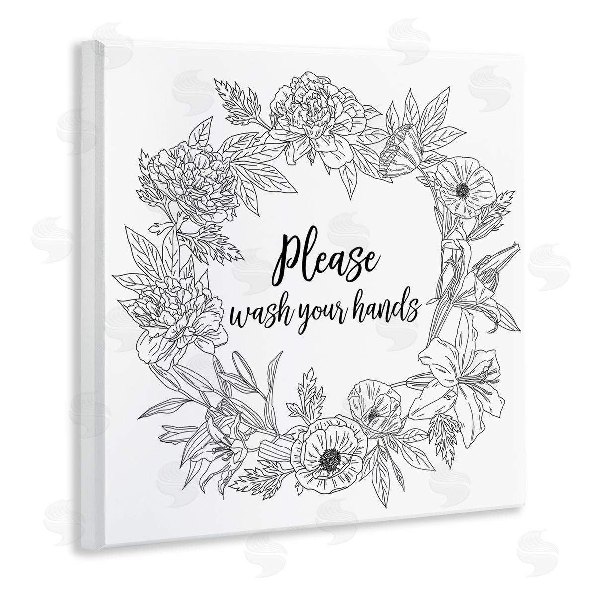 Ziwei Li Please Wash Your Hands Sign Floral Wreath Linework Wooden Wall Plaque Art Print