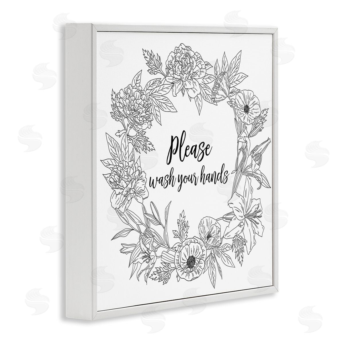 Ziwei Li Please Wash Your Hands Sign Floral Wreath Linework White Framed Glicee Wall Art Print