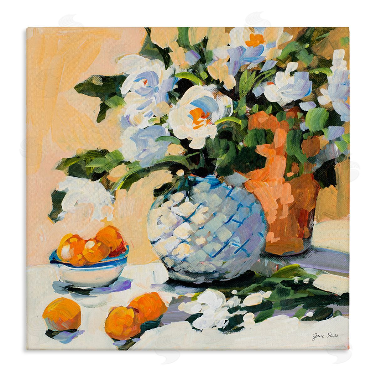 Jane Slivka Contemporary Oranges and Spring Florals Table Still Life Stretched Canvas Wall Art Print