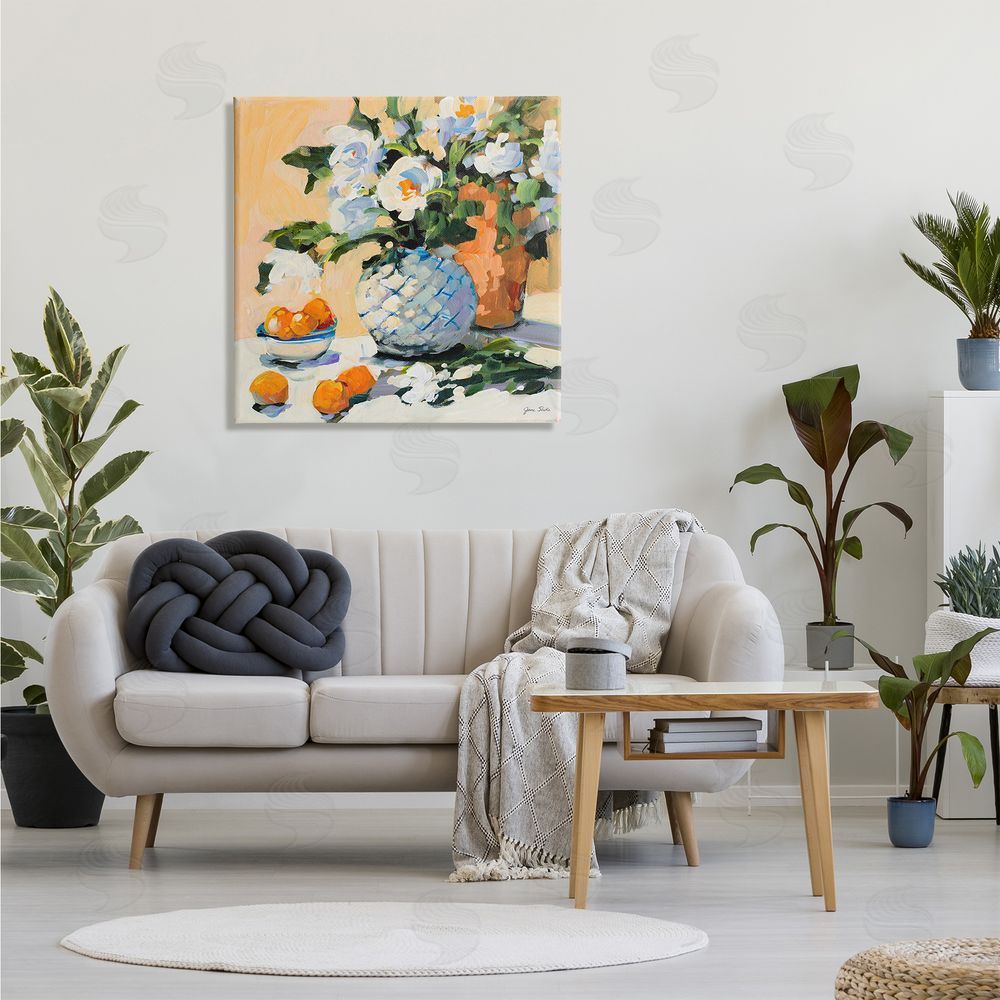Jane Slivka Contemporary Oranges and Spring Florals Table Still Life Canvas Wall Art in Room