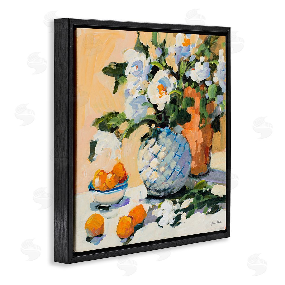 Jane Slivka Contemporary Oranges and Spring Florals Table Still Life Black Floating Frame Canvas Wall Art Print