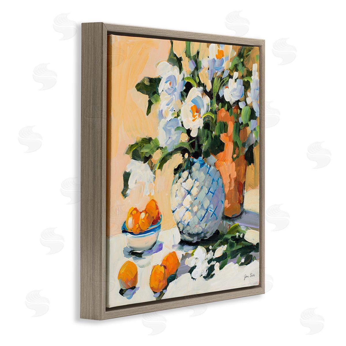 Jane Slivka Contemporary Oranges and Spring Florals Table Still Life Brown Floating Frame Canvas Wall Art Print