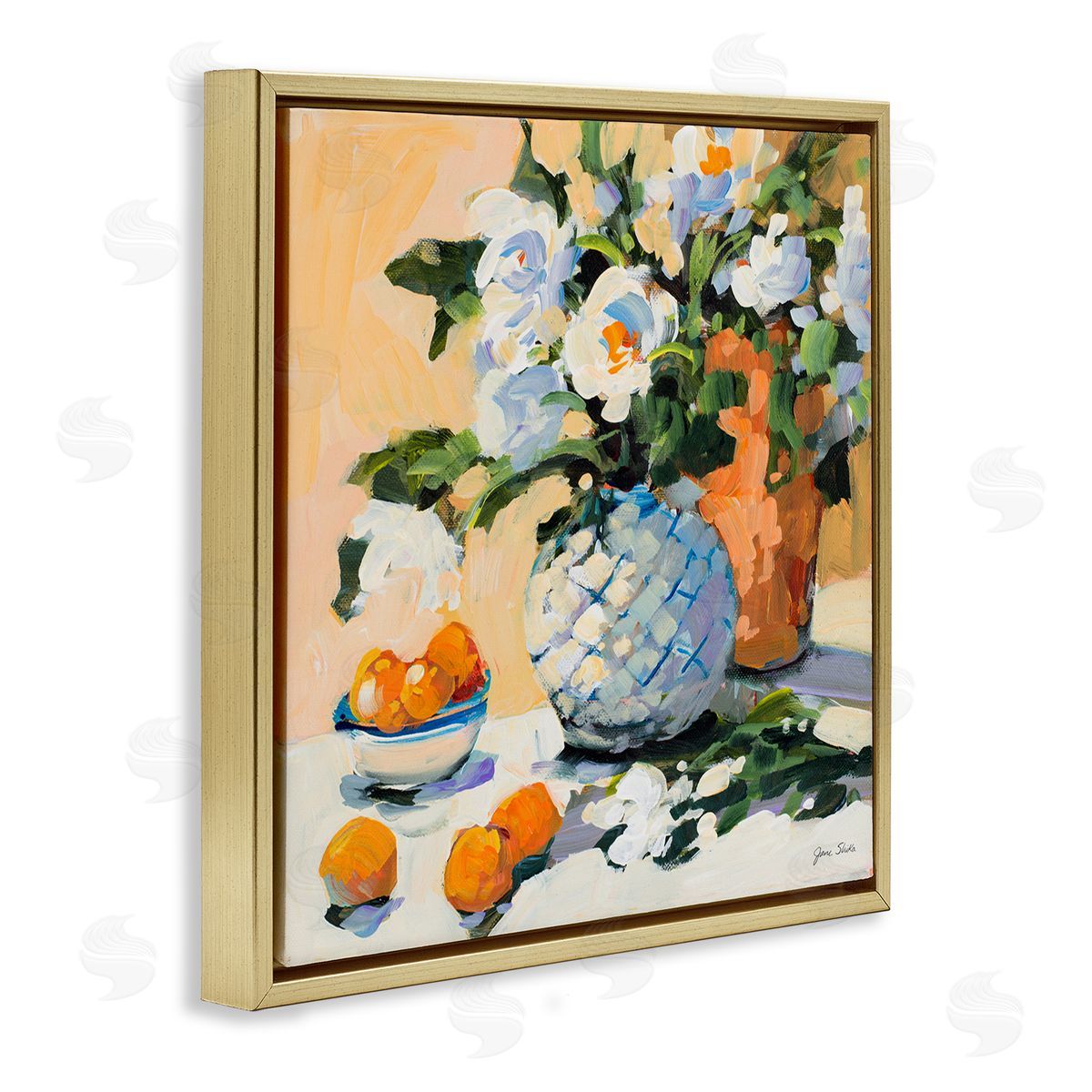 Jane Slivka Contemporary Oranges and Spring Florals Table Still Life Gold Floating Frame Canvas Wall Art Print