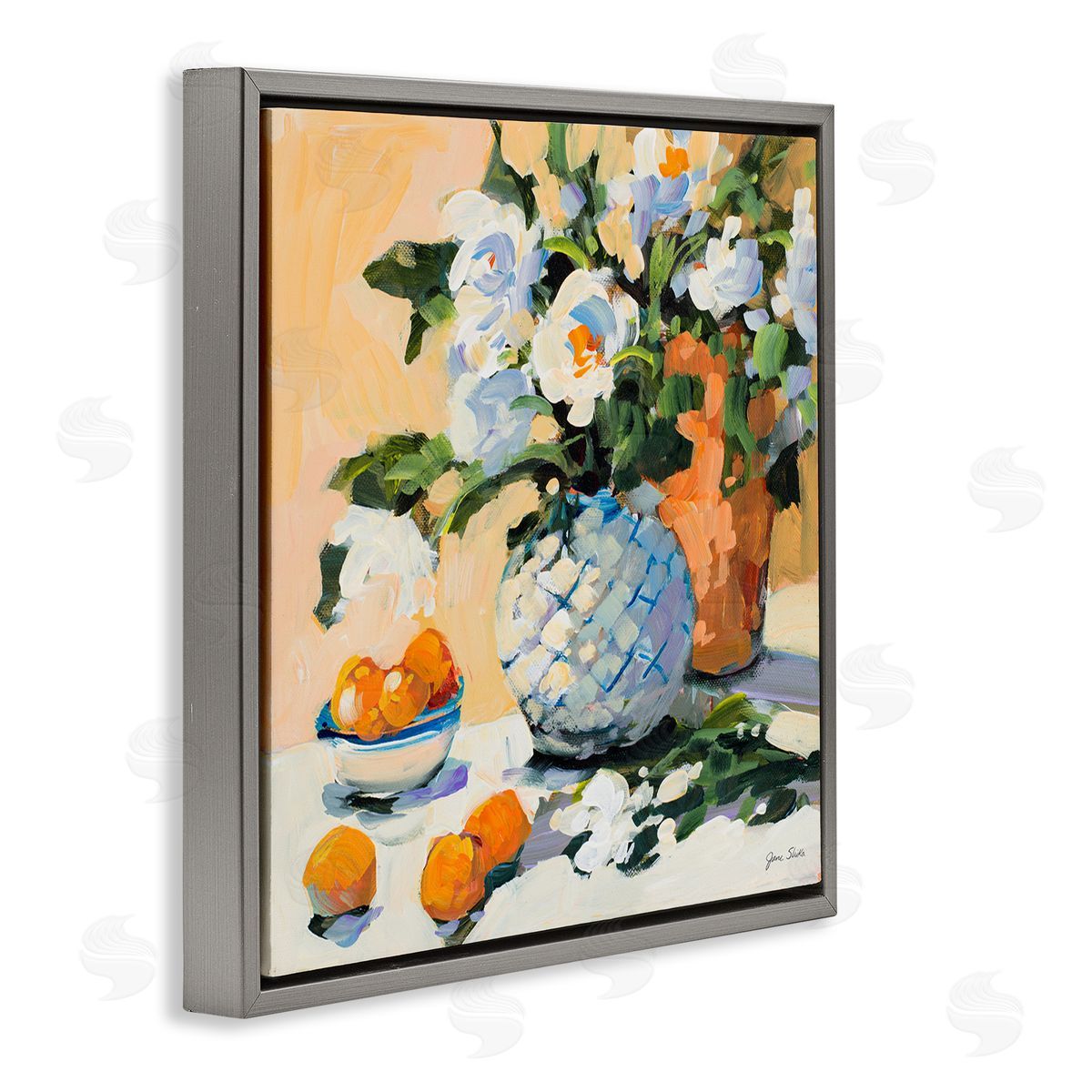 Jane Slivka Contemporary Oranges and Spring Florals Table Still Life Gray Floating Frame Canvas Wall Art Print