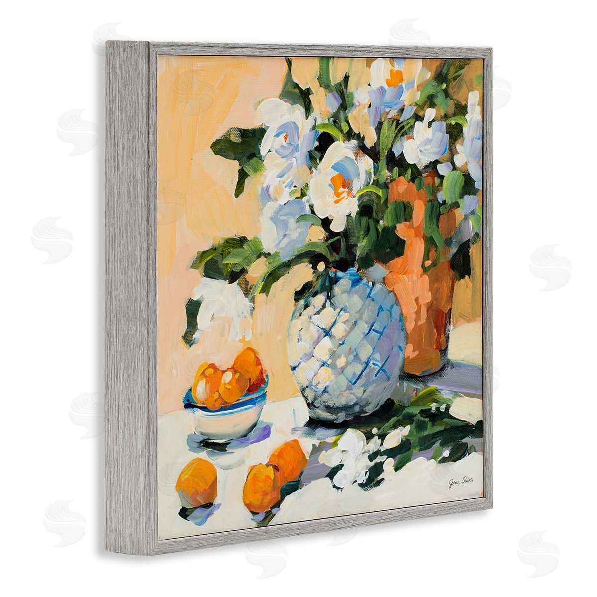 Jane Slivka Contemporary Oranges and Spring Florals Table Still Life Gray Framed Glicee Wall Art Print