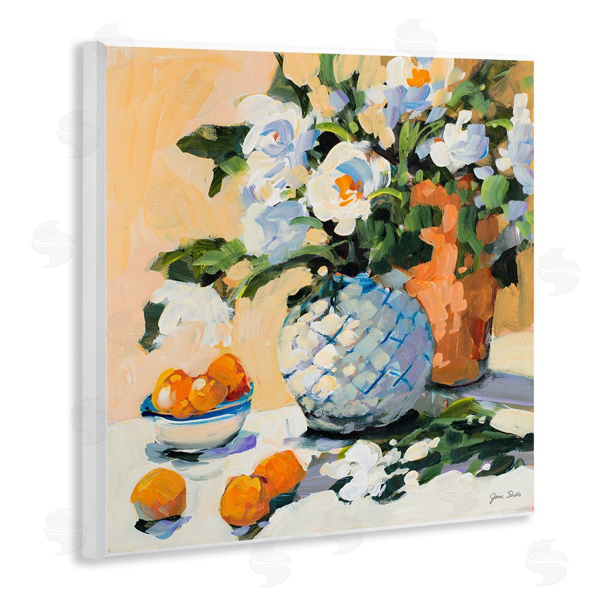 Jane Slivka Contemporary Oranges and Spring Florals Table Still Life Wooden Wall Plaque Art Print