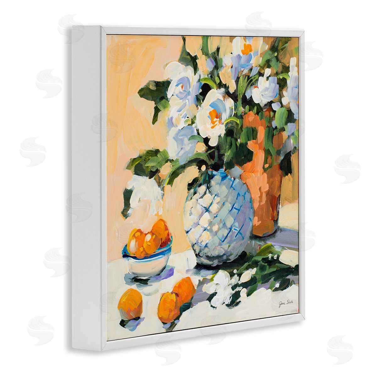 Jane Slivka Contemporary Oranges and Spring Florals Table Still Life White Framed Glicee Wall Art Print