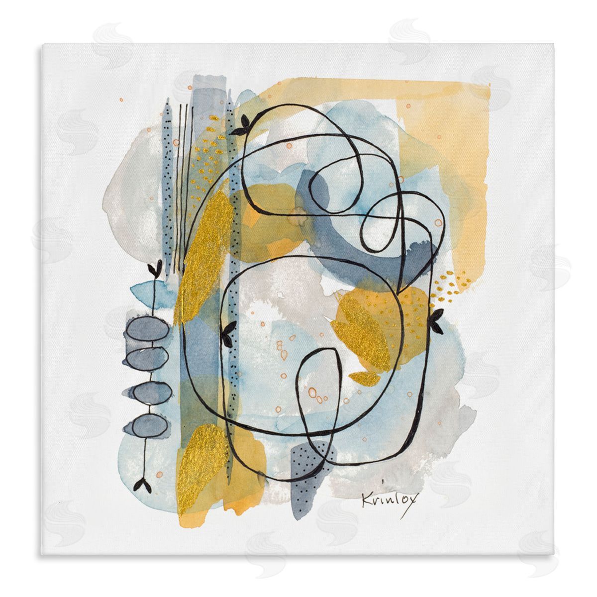 Krinlox Modern Leaf Line Abstraction Yellow Blue Watercolor Stretched Canvas Wall Art Print