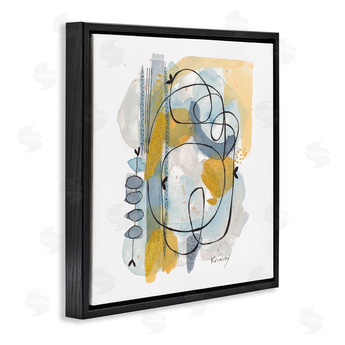 Krinlox Modern Leaf Line Abstraction Yellow Blue Watercolor Black Floating Frame Canvas Wall Art Print
