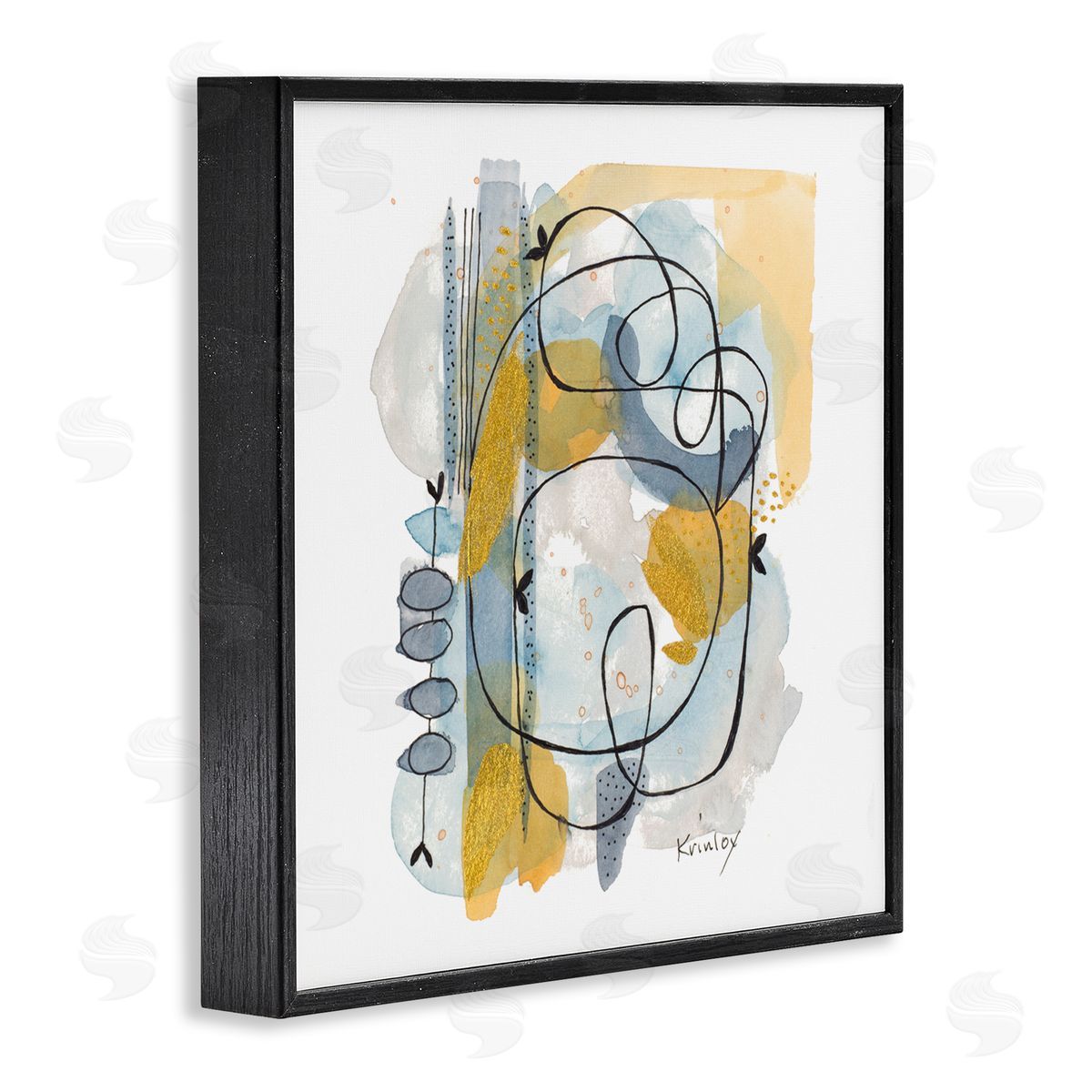 Krinlox Modern Leaf Line Abstraction Yellow Blue Watercolor Black Framed Glicee Wall Art Print
