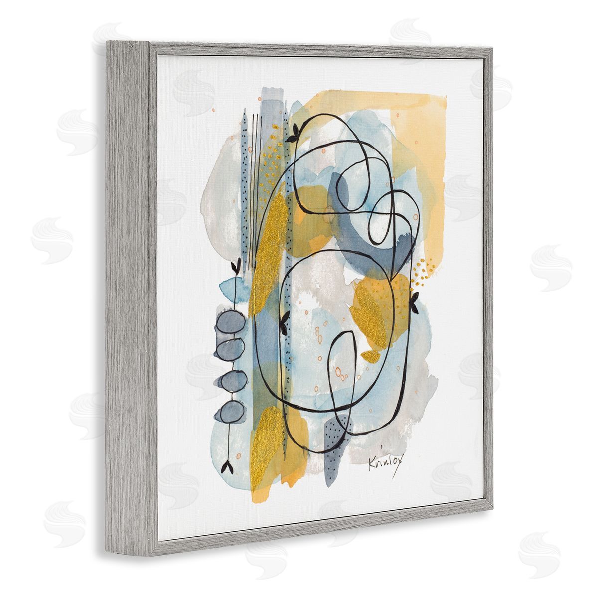 Krinlox Modern Leaf Line Abstraction Yellow Blue Watercolor Gray Framed Glicee Wall Art Print