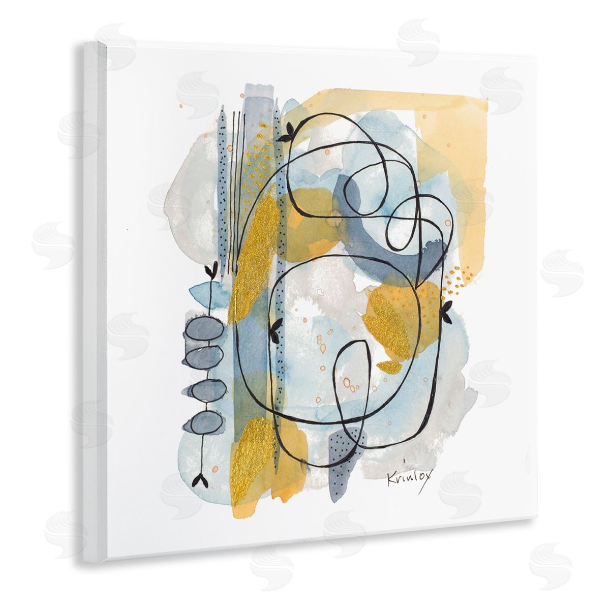 Krinlox Modern Leaf Line Abstraction Yellow Blue Watercolor Wooden Wall Plaque Art Print