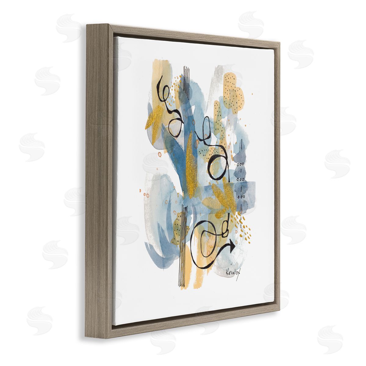 Krinlox Modern Directional Arrow Abstraction Blue Yellow Watercolor Brown Floating Frame Canvas Wall Art Print