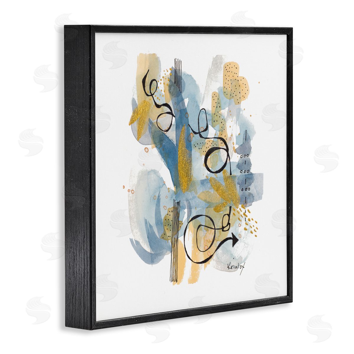 Krinlox Modern Directional Arrow Abstraction Blue Yellow Watercolor Black Framed Glicee Wall Art Print