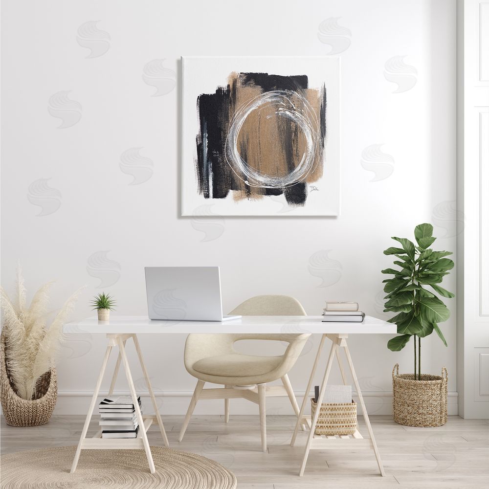 Patricia Pinto Circular Spiral Abstraction over Rustic Black Brown Canvas Wall Art in Room