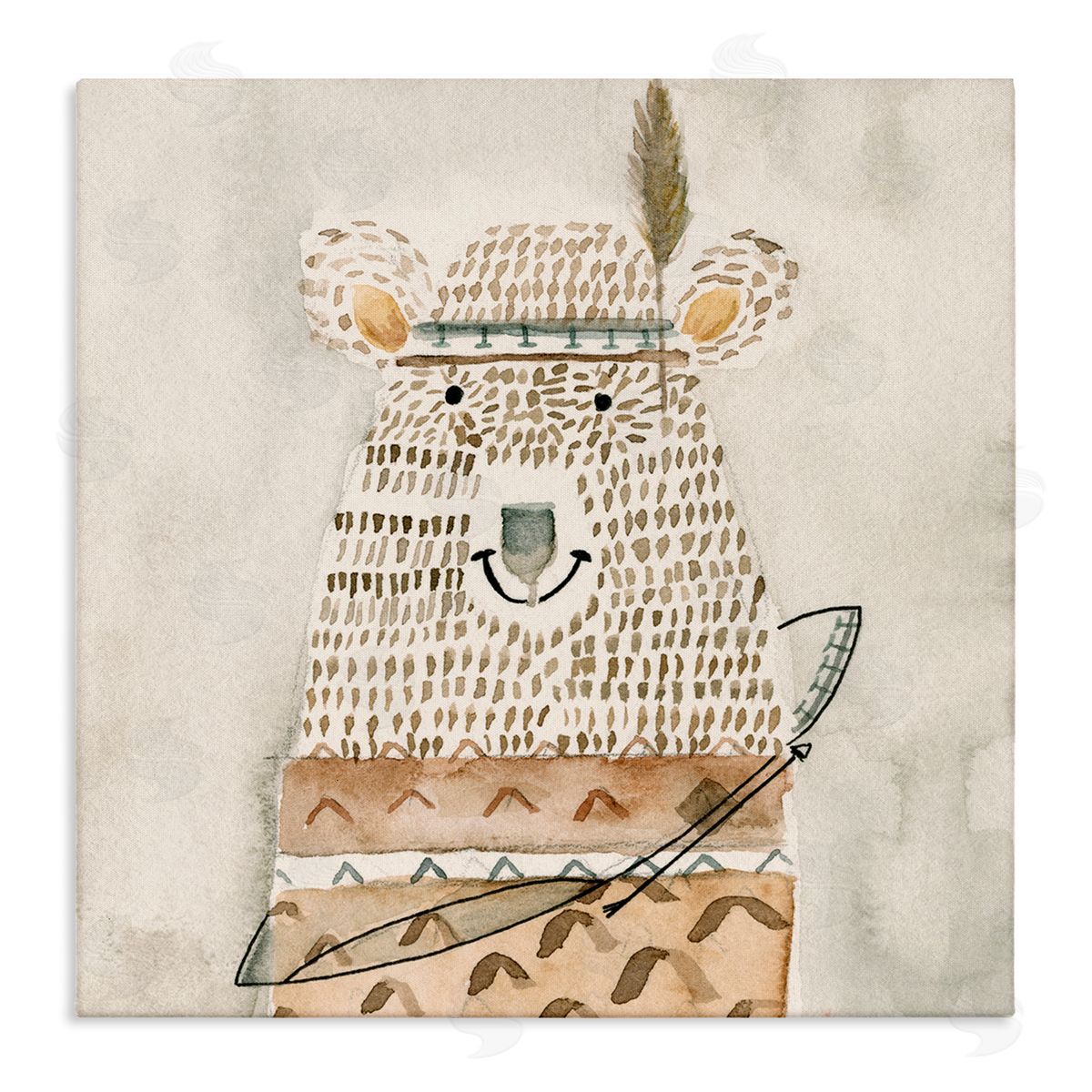 Natalie Timbrook Native Bear with Pattern Shirt Neutral Watercolor Stretched Canvas Wall Art Print