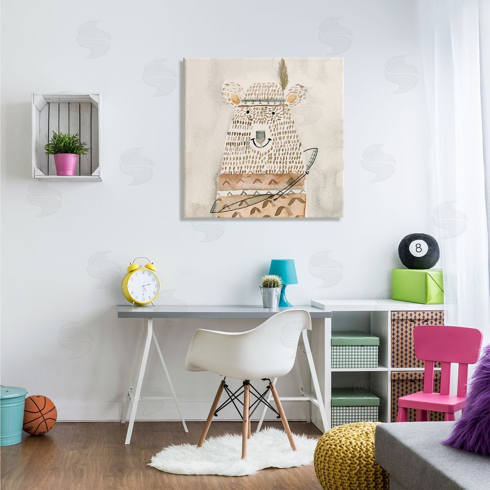 Natalie Timbrook Native Bear with Pattern Shirt Neutral Watercolor Canvas Wall Art in Room