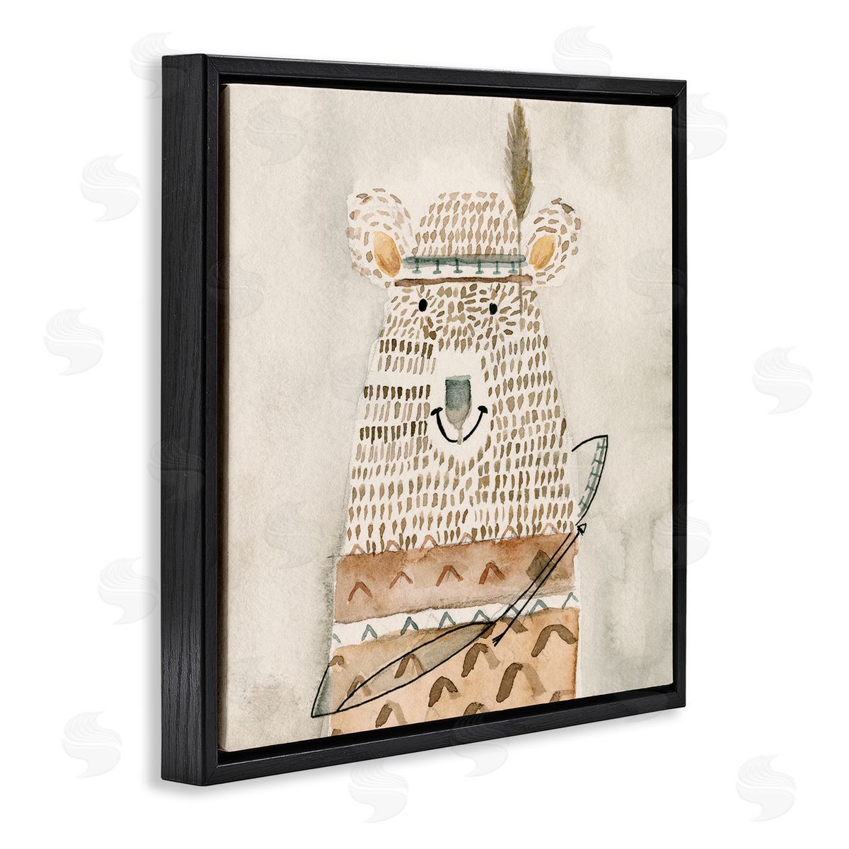 Natalie Timbrook Native Bear with Pattern Shirt Neutral Watercolor Black Floating Frame Canvas Wall Art Print