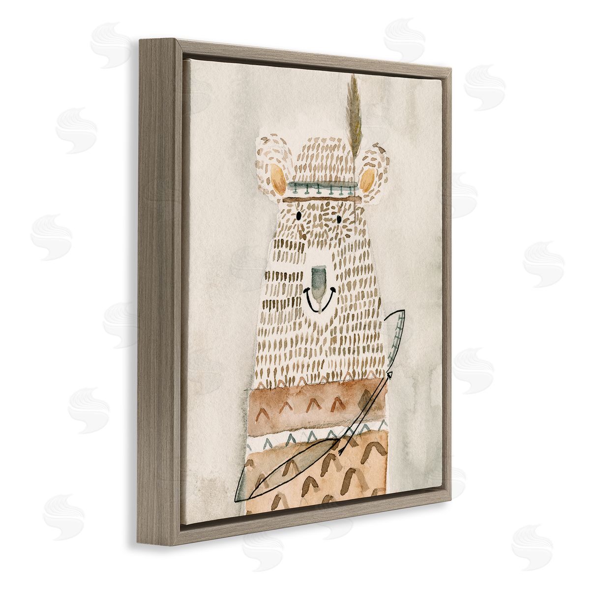 Natalie Timbrook Native Bear with Pattern Shirt Neutral Watercolor Brown Floating Frame Canvas Wall Art Print