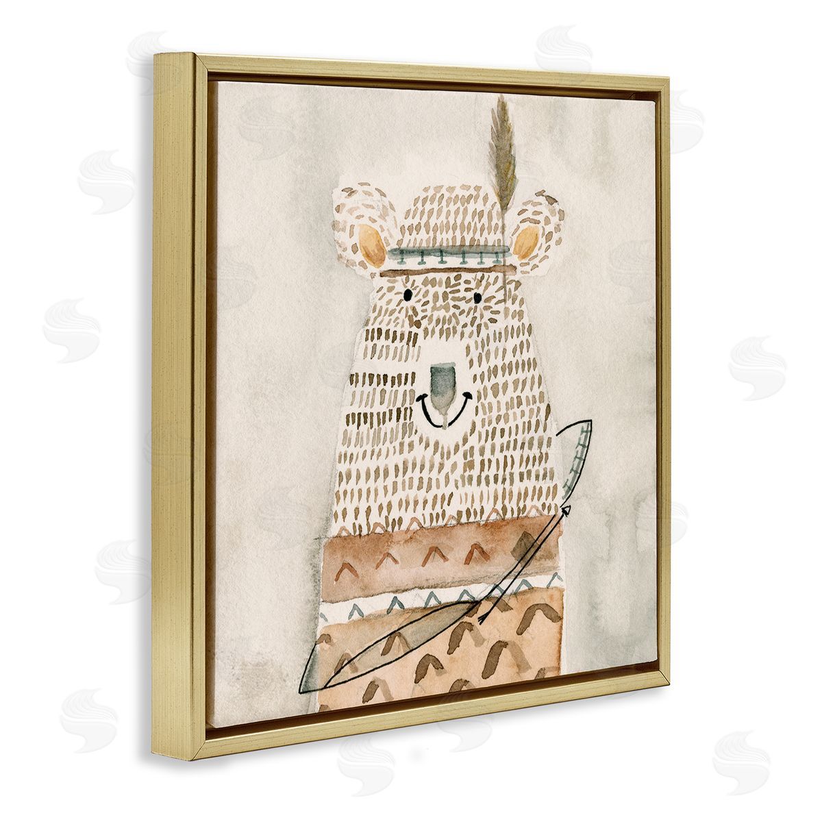 Natalie Timbrook Native Bear with Pattern Shirt Neutral Watercolor Gold Floating Frame Canvas Wall Art Print