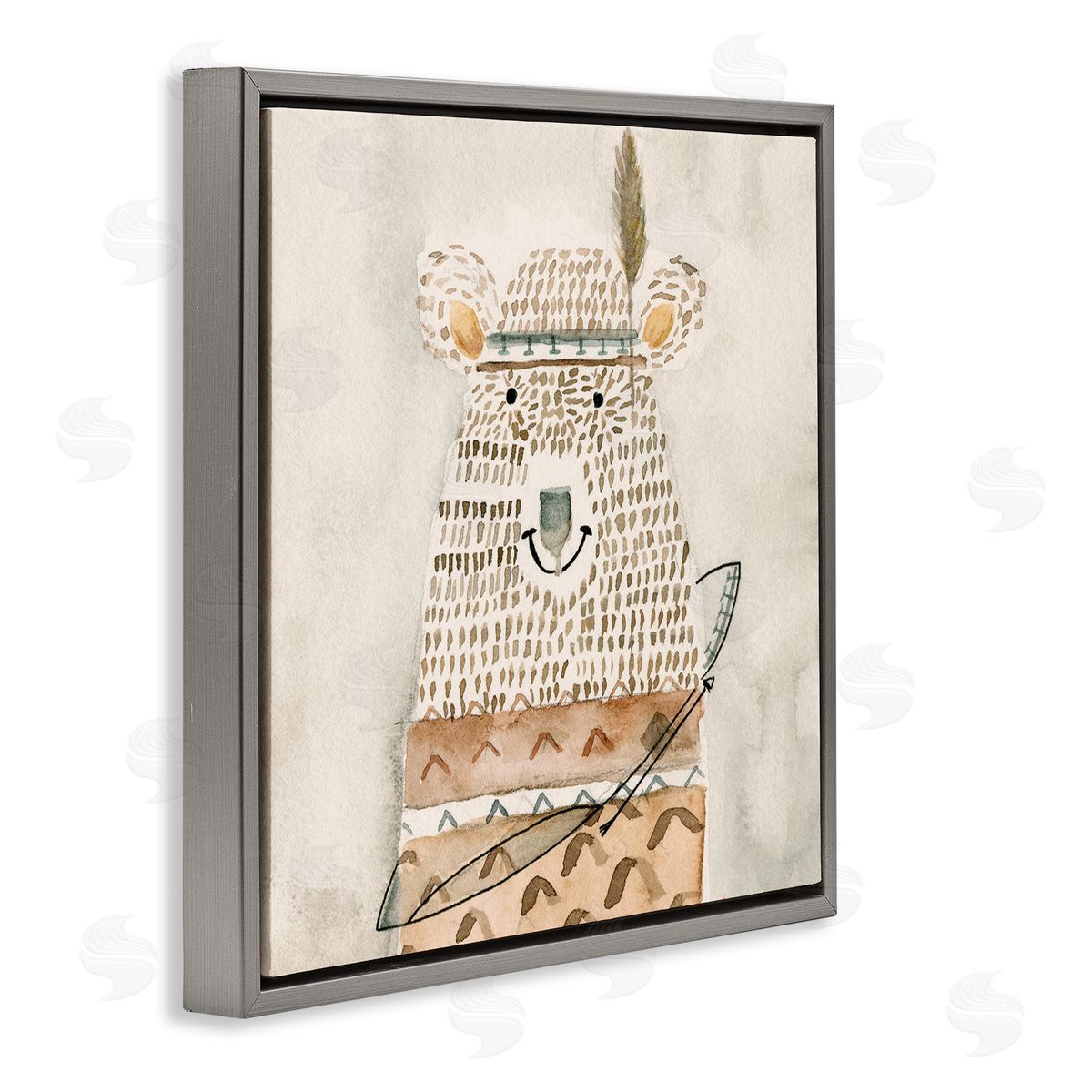 Natalie Timbrook Native Bear with Pattern Shirt Neutral Watercolor Gray Floating Frame Canvas Wall Art Print