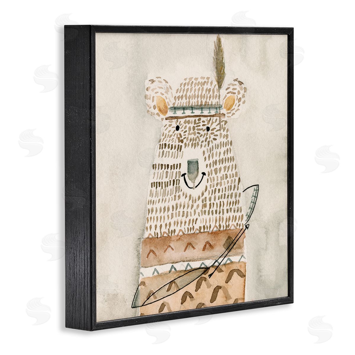 Natalie Timbrook Native Bear with Pattern Shirt Neutral Watercolor Black Framed Glicee Wall Art Print