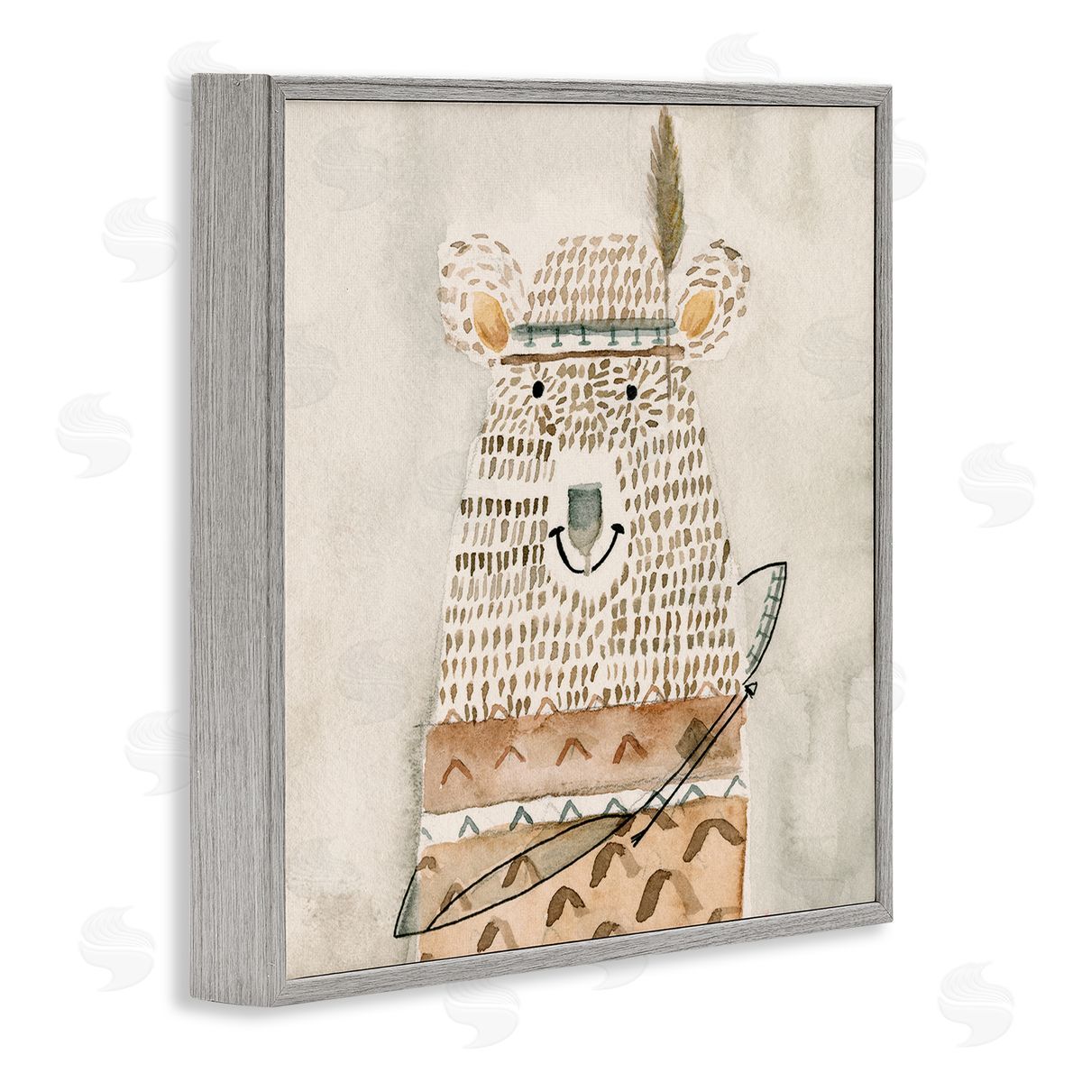 Natalie Timbrook Native Bear with Pattern Shirt Neutral Watercolor Gray Framed Glicee Wall Art Print