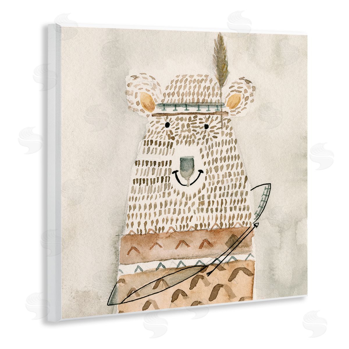 Natalie Timbrook Native Bear with Pattern Shirt Neutral Watercolor Wooden Wall Plaque Art Print