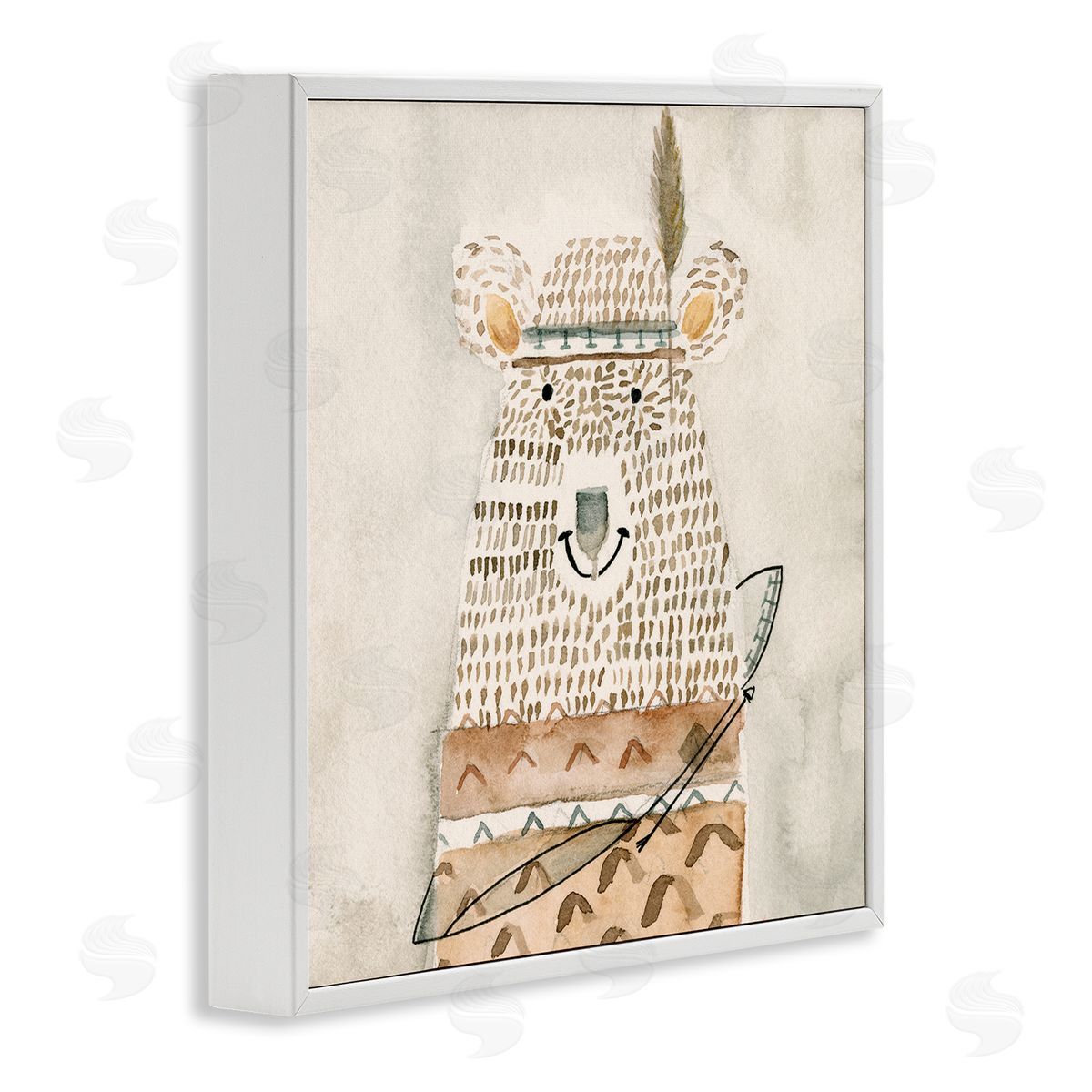 Natalie Timbrook Native Bear with Pattern Shirt Neutral Watercolor White Framed Glicee Wall Art Print