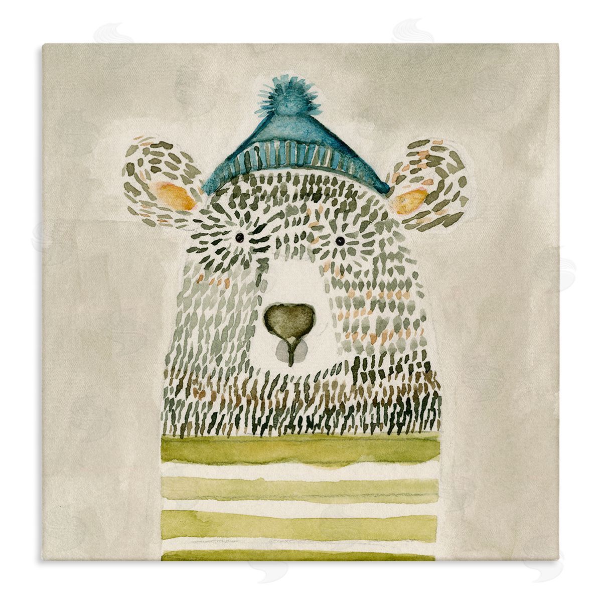 Natalie Timbrook Hipster Bear with Striped Shirt Blue Beanie Stretched Canvas Wall Art Print