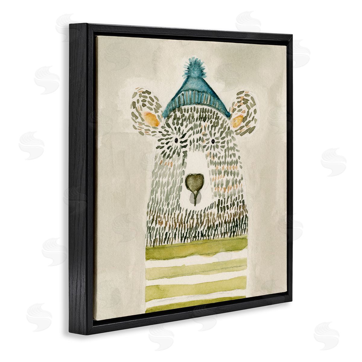 Natalie Timbrook Hipster Bear with Striped Shirt Blue Beanie Black Floating Frame Canvas Wall Art Print