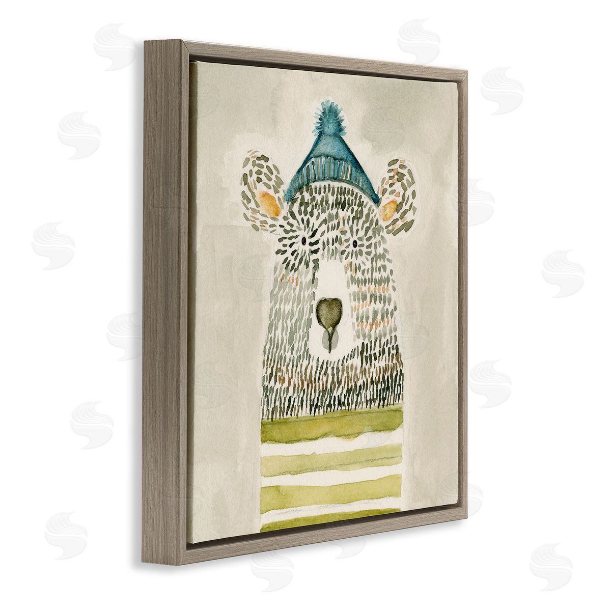 Natalie Timbrook Hipster Bear with Striped Shirt Blue Beanie Brown Floating Frame Canvas Wall Art Print