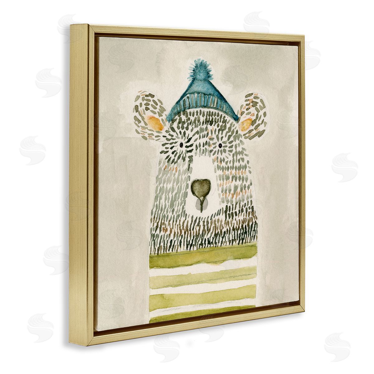 Natalie Timbrook Hipster Bear with Striped Shirt Blue Beanie Gold Floating Frame Canvas Wall Art Print